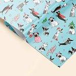 Упаковочная бумага Новогодняя " Миленд " 70*100см 10 листов, Новогодние мопсы, в рулоне, пантон золото, 90г/м2