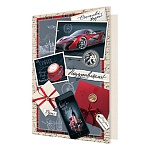 Открытка " Мир открыток " 1-46 Поздравляем! Мужская- Телефон, кофе, автомобиль, 379*290мм, рельеф, блестки, пластизоль, текст