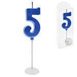 Свеча для торта цифра " KWELT " 5, синяя, 4*2*0,5см, на палочке с подставкой, пластиковая упаковка 9,5*3*1см, европодвес