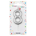 Свеча для торта цифра " KWELT " 8, серебряная, 6*4*1см, на палочке, картонный блистер 14*7*1,5см, европодвес