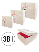 Набор коробок " KWELT " 3в1 19*19*9см, 17*17*8см, 15*15*7см Love, цвет - кремовый/розовый, атласный бант, картон/ПВХ
