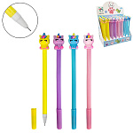 Ручка гелевая " KWELT " Unicorn синяя 0,5мм, толщина письма 0,25мм, игольчатый пишущий узел, непрозрачный пластиковый корпус, цвет корпуса- ассорти, резиновый наконечник- единорог, дисплей