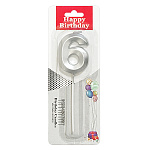 Свеча для торта цифра " KWELT " 6, серебряная, 3*5*0,5см, на палочке, картонный блистер 5,7*16,5*1см, европодвес