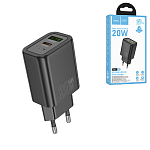 Блок питания сетевой " Hoco " N61 Gentle черный, 3,0А, PD, QC3.0, 20Вт, USB, Type-C (кабель в комплект не входит)