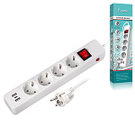 Сетевой фильтр " Smartbuy " 1,8м 4 розетки, 16А, 2 USB порта, 1 Type-C порт, защитные шторки, защита от короткого замыкания, белый