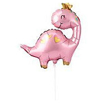 Шар фольгированный фигурный 14"/36см Динозаврик в короне розовый на палочке, крепится с помощью розетки на палочку