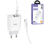 Зарядное устройство сетевое " Hoco " NT9 Maximus, белое, 3,0А, QC3.0, FCP, AFC, 20Вт, USB, Type-C, пластик, кабель Type-C, 1м